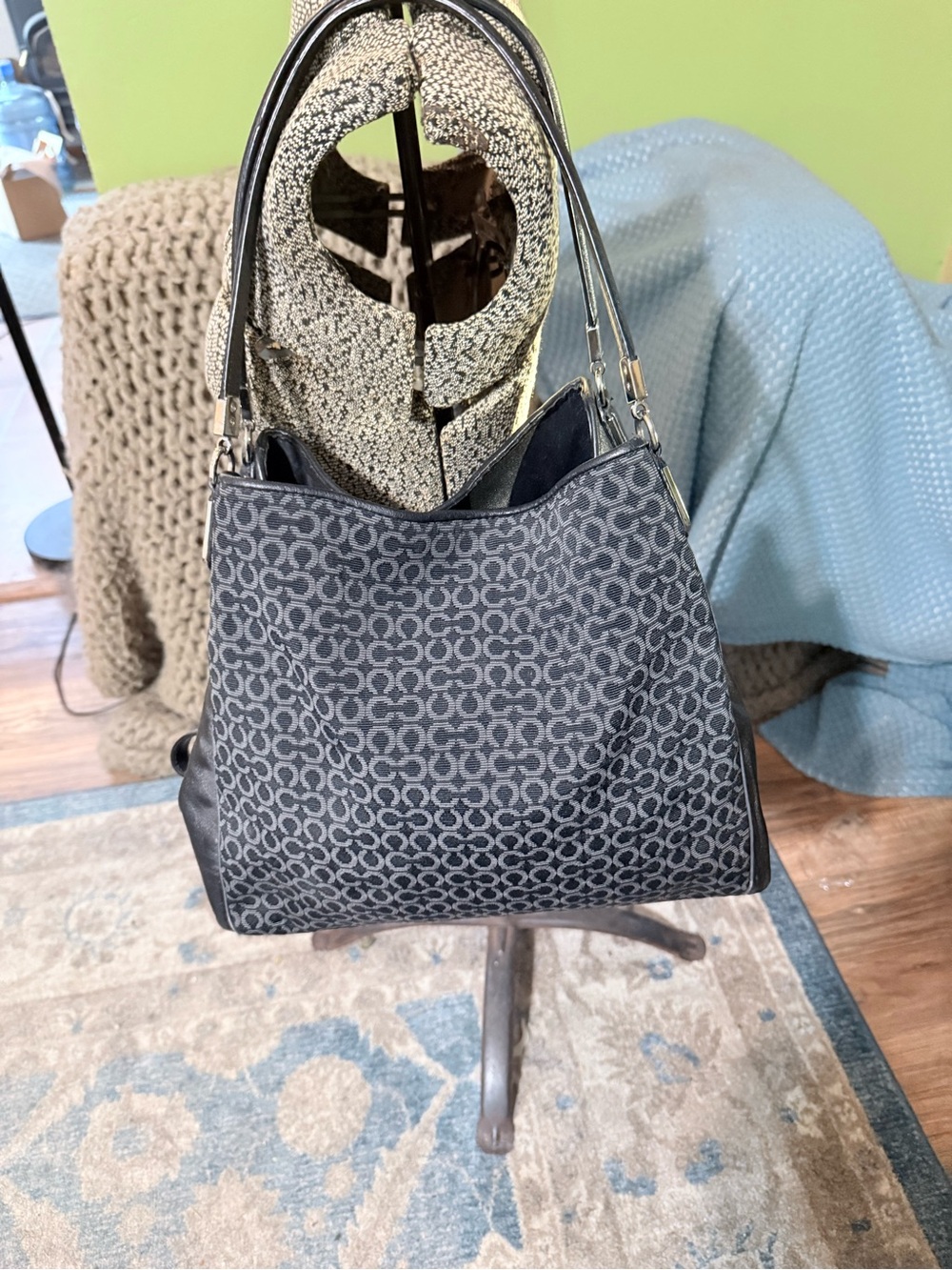 Coach Black Signature Pattern Shoulder Bag – Double Straps, Satin Interior